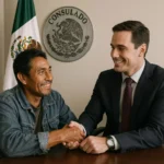 Hombre con traje dándole la mano a un migrante latino con el escudo del consulado de México y la bandera mexicana