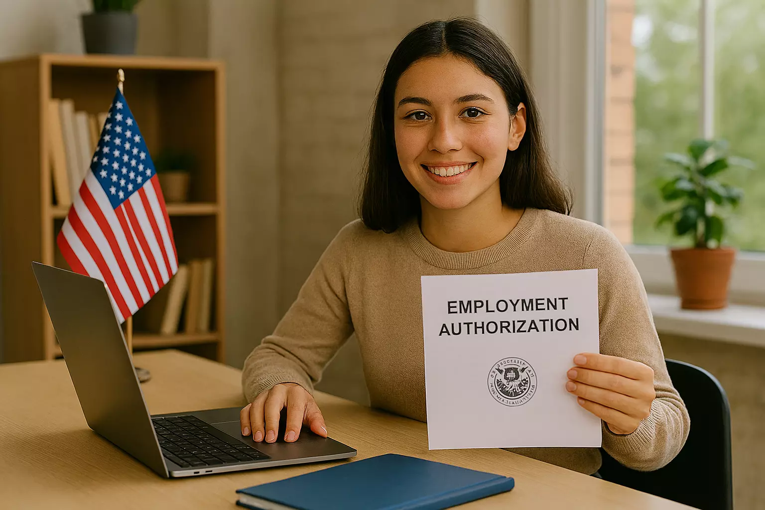 Mujer latina con laptop mostrando un documento migratorio que dice employment authorization