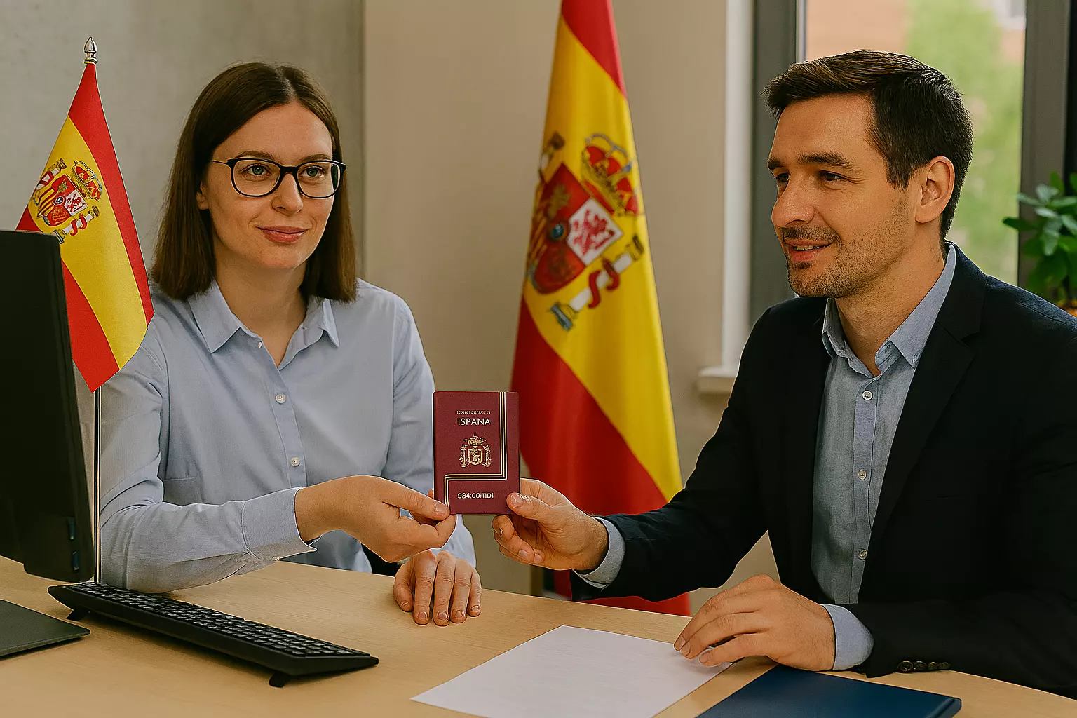 Mujer en consulado español en Estados Unidos renovando su pasaporte
